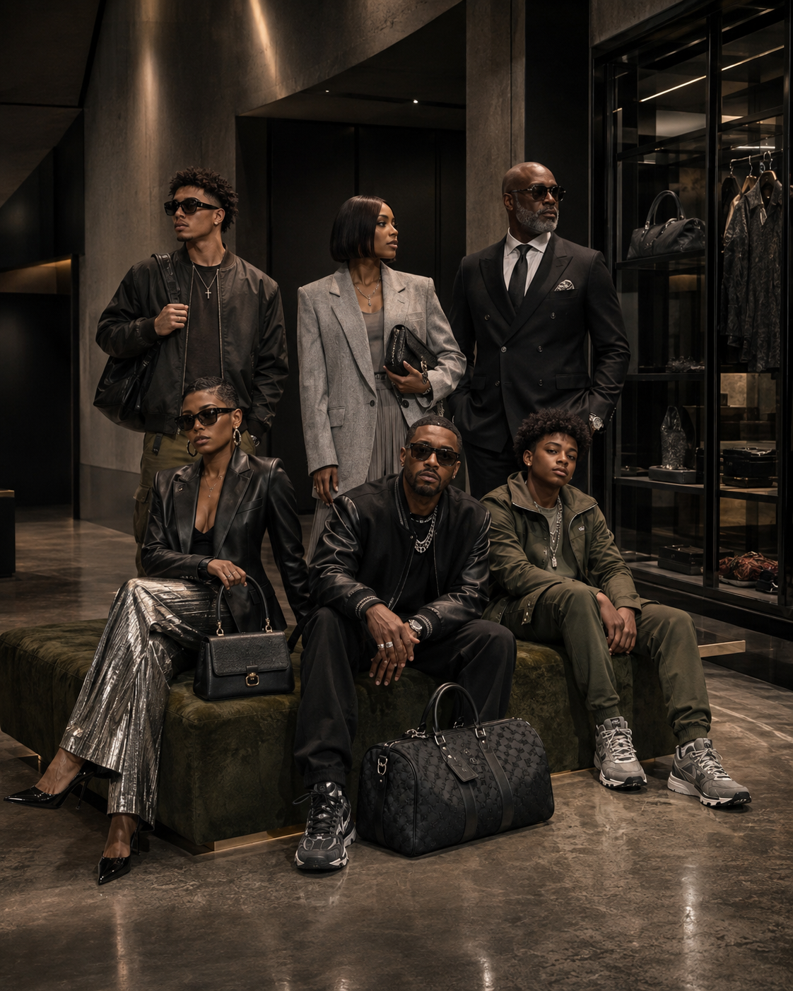 A diverse group styled across SoleCity's assortment — luxury streetwear, tailoring, sport-luxury, outerwear, and occasion dressing
