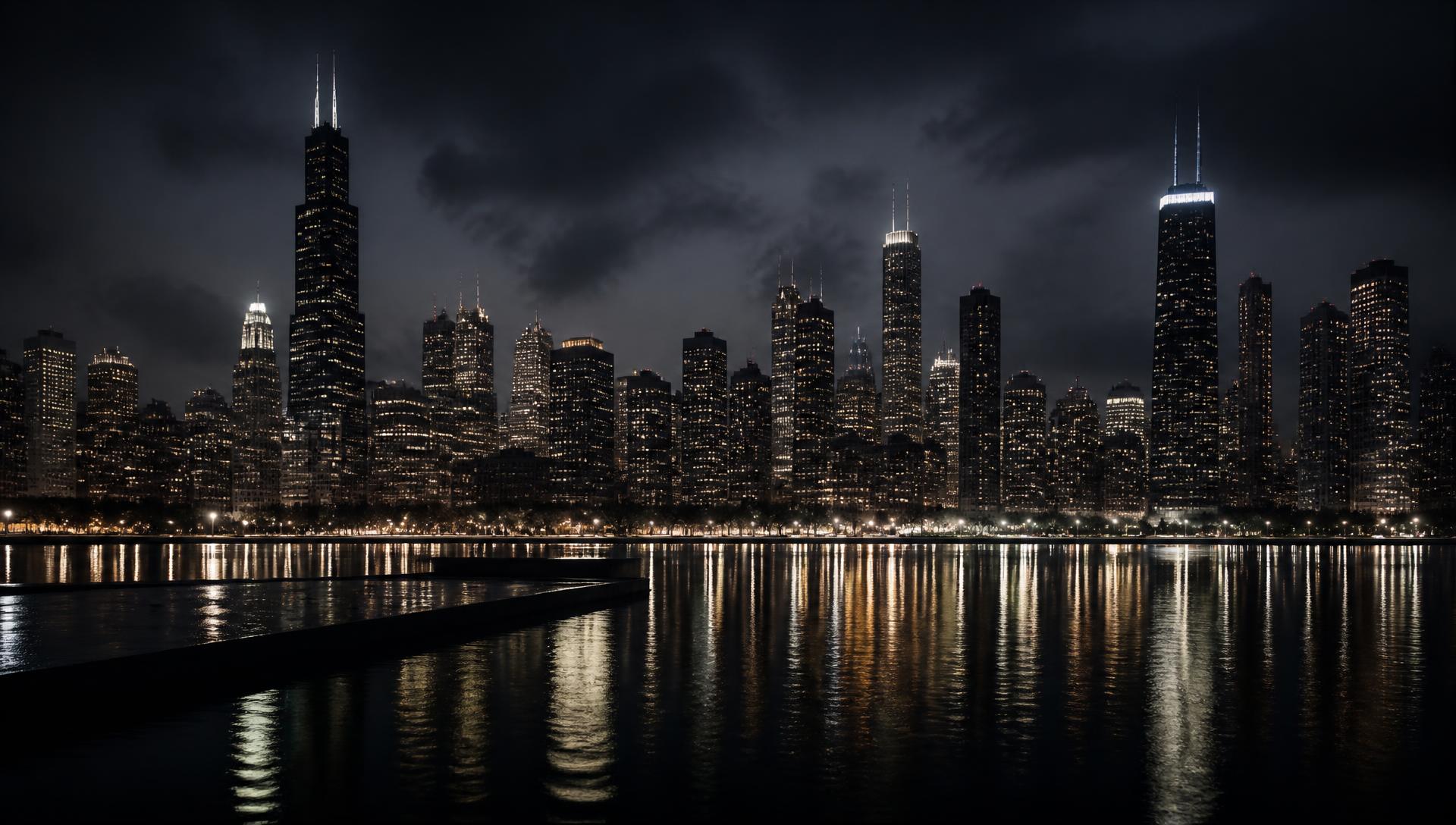 Chicago skyline at night reflected over Lake Michigan